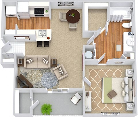A top-down view of a living room, kitchen, and dining area.